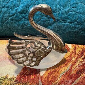 Vintage Silver-Plated Swan with Movable Wings White Glass Candy/Salt Cellar